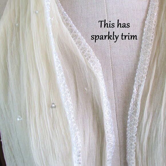 SHEER SCARF w GLITTER EDGES, 68" x 23" LONG RECTANGLE OFF-WHITE VINTAGE - Picture 5 of 6